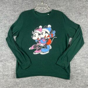 Disney L Mickey Minnie Ice Skating Green Long Sleeve Holiday Christmas Top
